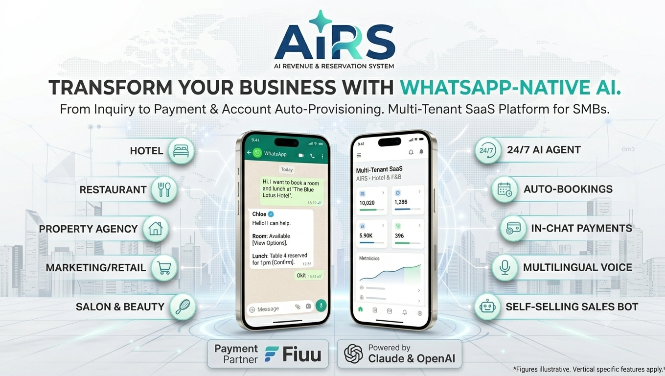 AIRS — Transform your business with WhatsApp-native AI. From inquiry to payment and account auto-provisioning. A multi-tenant SaaS platform for SMBs across hotel, restaurant, property, marketing and salon.